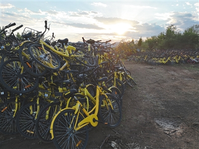 北京市丰台区王佐镇瓦窑村西侧的共享单车“收容站”，堆积成山的ofo单车。